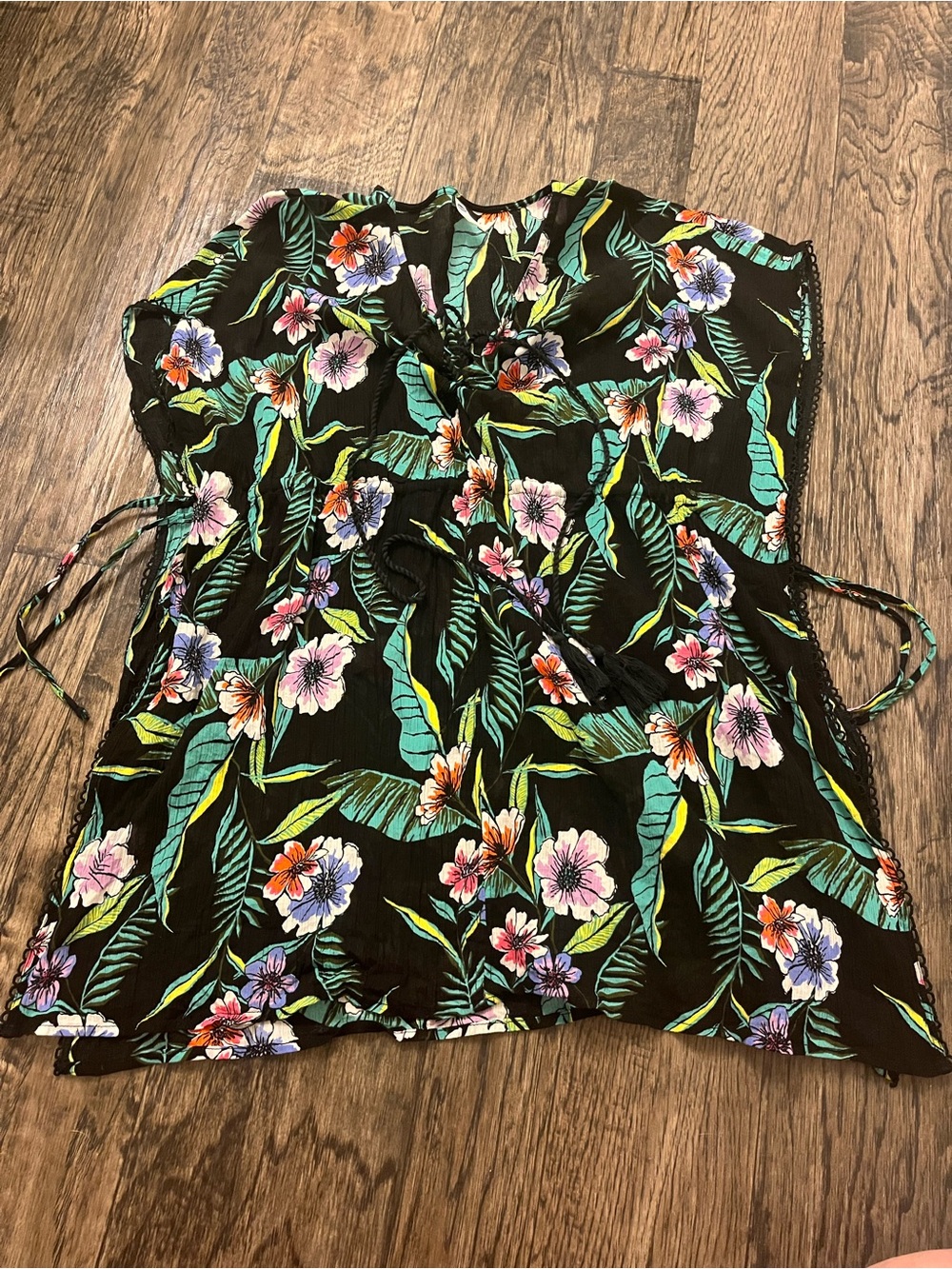Old Navy Black Floral Top with Teal, Yellow & Orange Accents